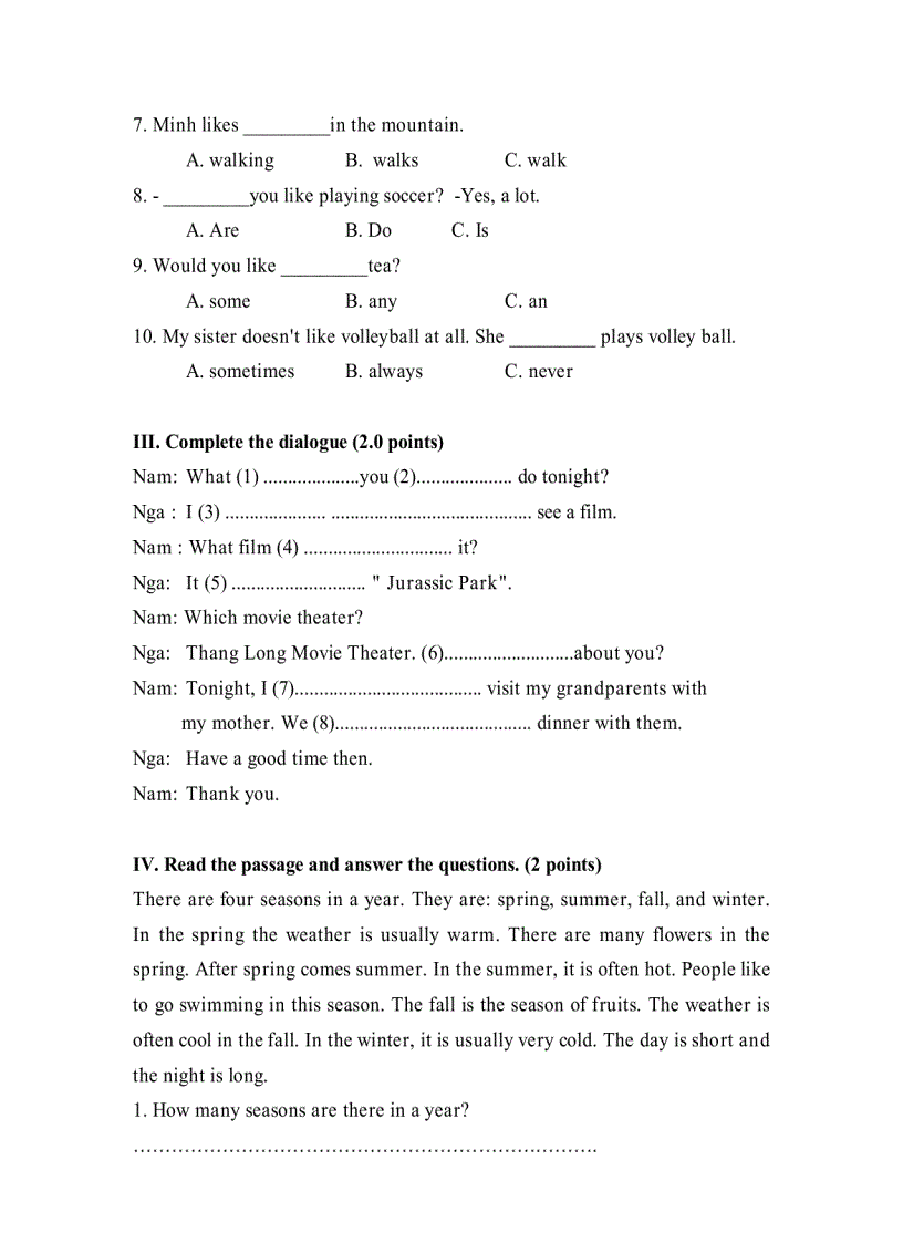 image for page Đề thi học kỳ II Tiếng Anh 6 đề số 5