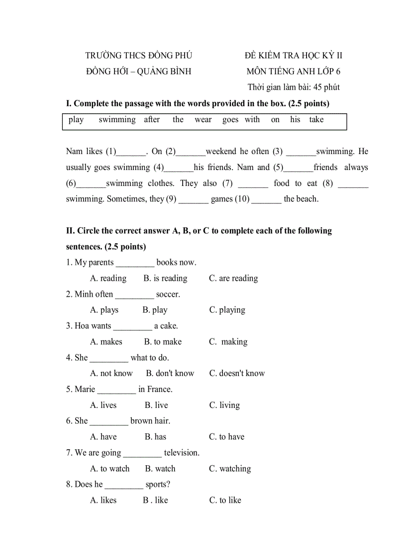 image for page Đề thi học kỳ II Tiếng Anh 6 đề số 9