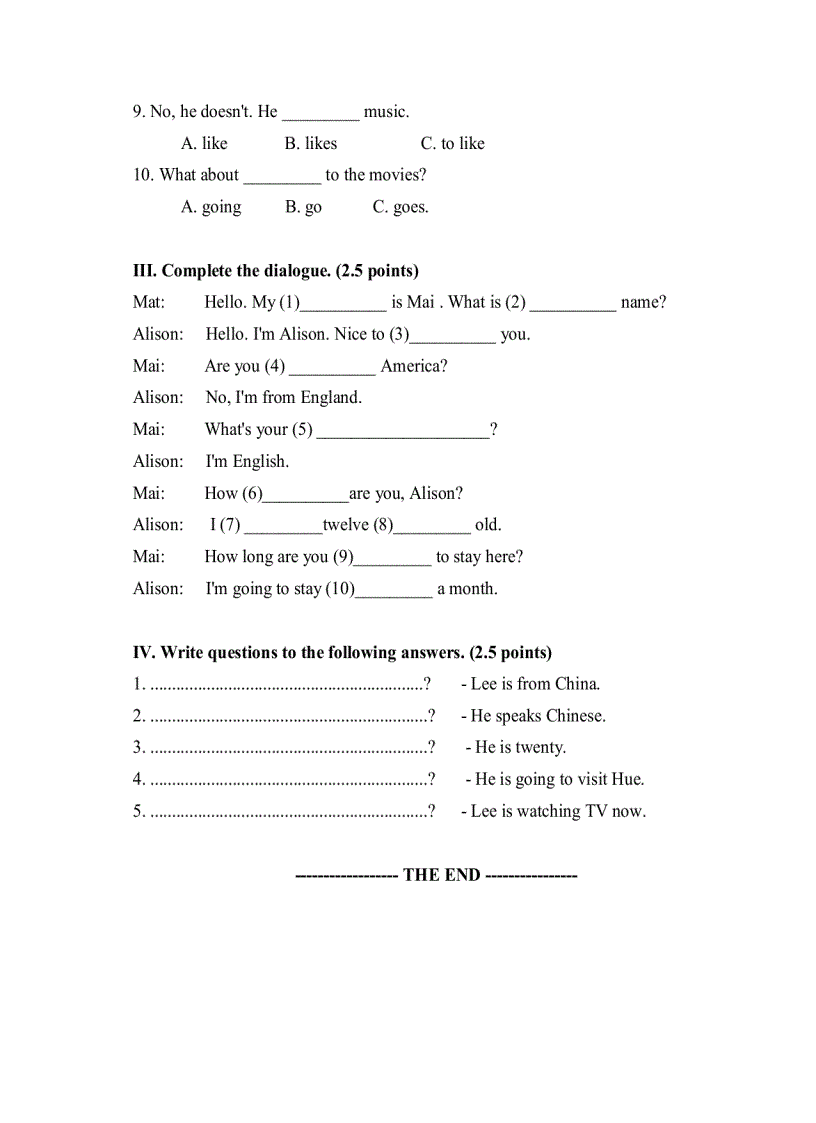 image for page Đề thi học kỳ II Tiếng Anh 6 đề số 9