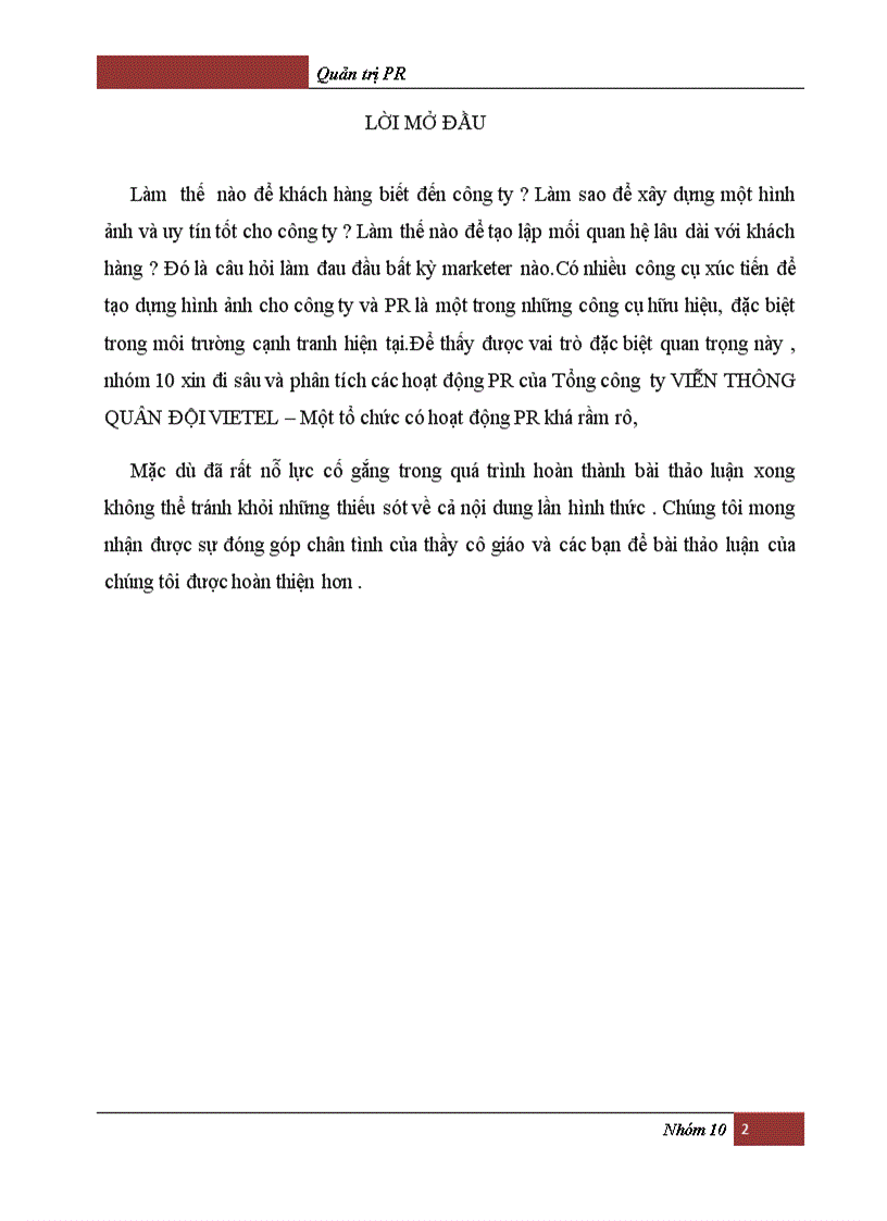 Phân tích các hoạt động PR của Tổng công ty VIỄN THÔNG QUÂN ĐỘI VIETEL