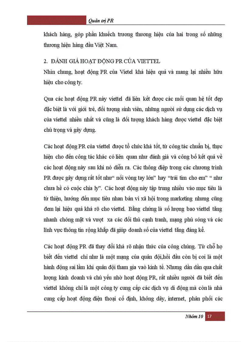 image for page Phân tích các hoạt động PR của Tổng công ty VIỄN THÔNG QUÂN ĐỘI VIETEL