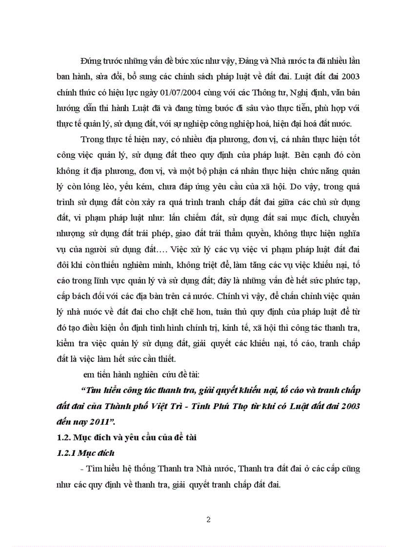 image for page Tìm hiểu công tác thanh tra giải quyết khiếu nại tố cáo và tranh chấp đất đai của Thành phố Việt Trì Tỉnh Phú Thọ từ khi có Luật đất đai 2003 đến nay 2011