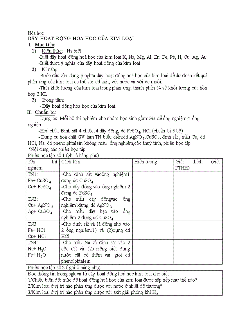 image for page Hóa học DÃY HOẠT ĐỘNG HOÁ HỌC CỦA KIM LOẠI