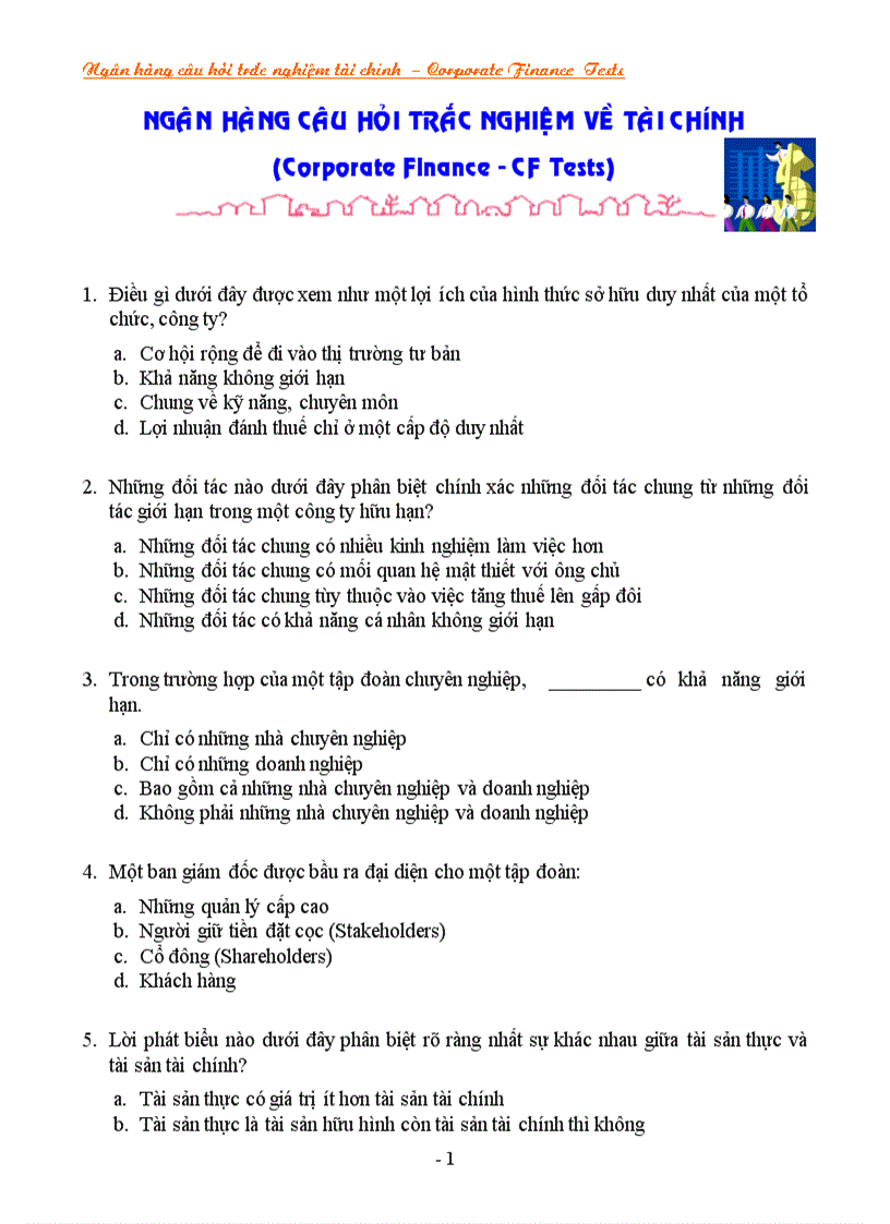 image for page NGÂN HÀNG CÂU HỎI TRẮC NGHIỆM VỀ TÀI CHÍNH Corporate Finance CF Tests