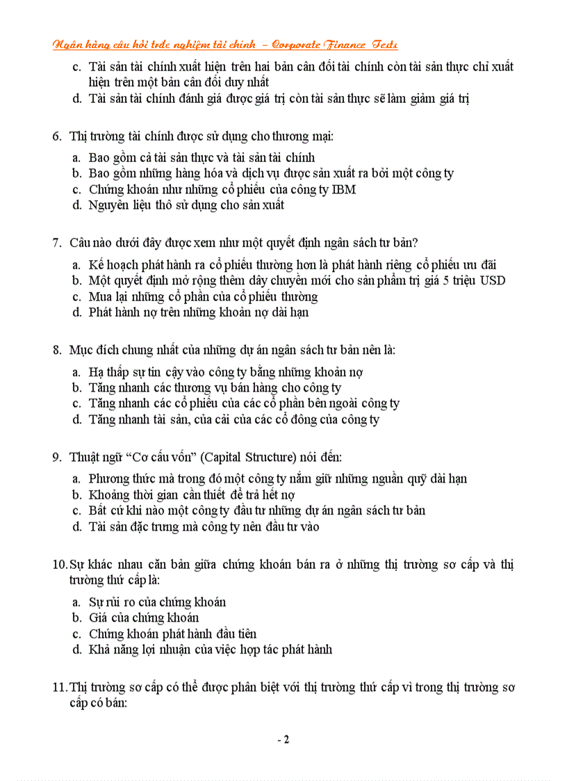 image for page NGÂN HÀNG CÂU HỎI TRẮC NGHIỆM VỀ TÀI CHÍNH Corporate Finance CF Tests