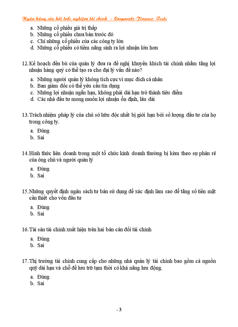 image for page NGÂN HÀNG CÂU HỎI TRẮC NGHIỆM VỀ TÀI CHÍNH Corporate Finance CF Tests