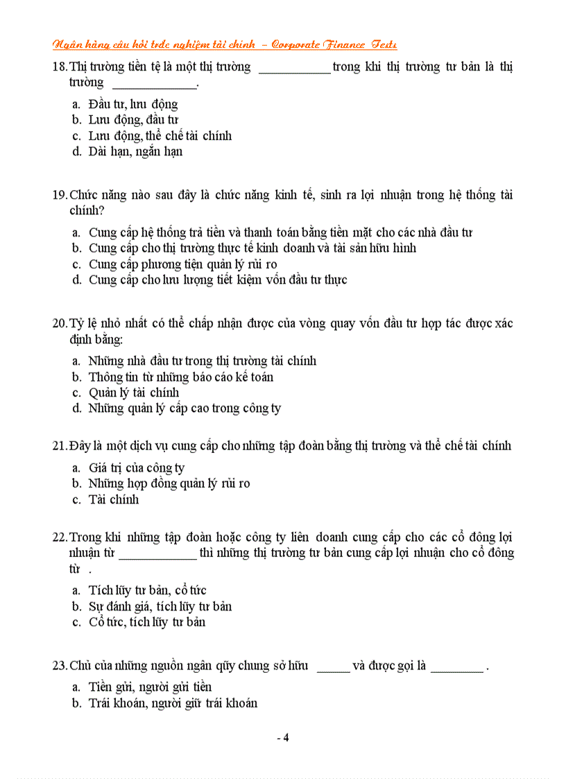 image for page NGÂN HÀNG CÂU HỎI TRẮC NGHIỆM VỀ TÀI CHÍNH Corporate Finance CF Tests