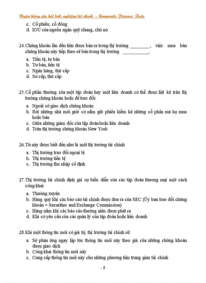 image for page NGÂN HÀNG CÂU HỎI TRẮC NGHIỆM VỀ TÀI CHÍNH Corporate Finance CF Tests