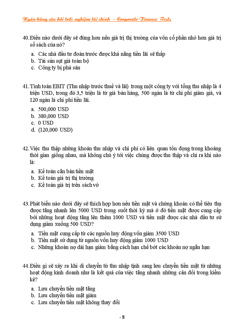 image for page NGÂN HÀNG CÂU HỎI TRẮC NGHIỆM VỀ TÀI CHÍNH Corporate Finance CF Tests