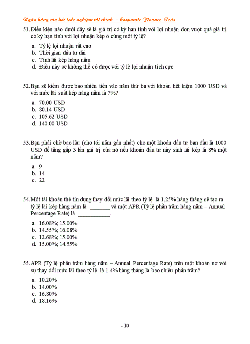 image for page NGÂN HÀNG CÂU HỎI TRẮC NGHIỆM VỀ TÀI CHÍNH Corporate Finance CF Tests