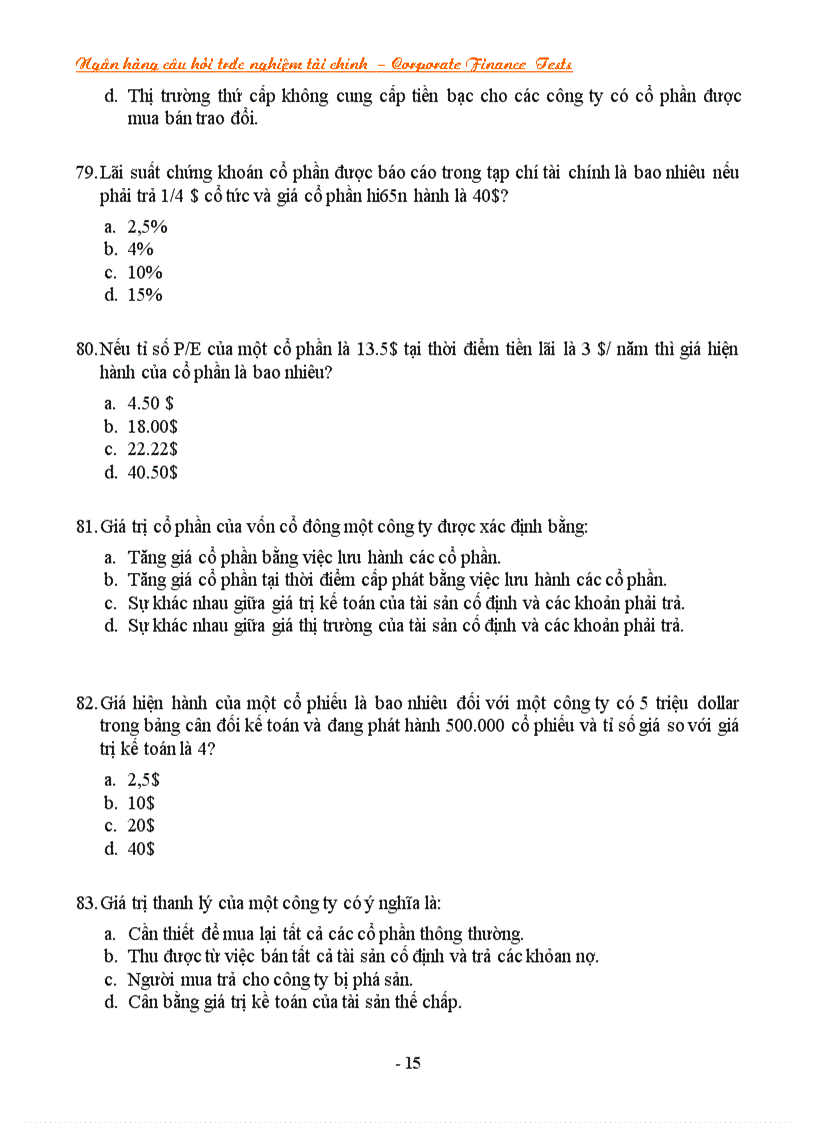 image for page NGÂN HÀNG CÂU HỎI TRẮC NGHIỆM VỀ TÀI CHÍNH Corporate Finance CF Tests
