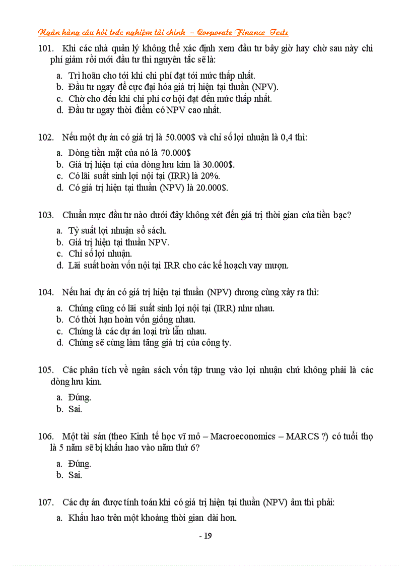 image for page NGÂN HÀNG CÂU HỎI TRẮC NGHIỆM VỀ TÀI CHÍNH Corporate Finance CF Tests
