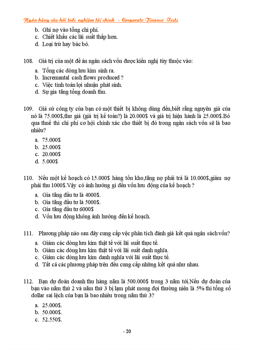 image for page NGÂN HÀNG CÂU HỎI TRẮC NGHIỆM VỀ TÀI CHÍNH Corporate Finance CF Tests