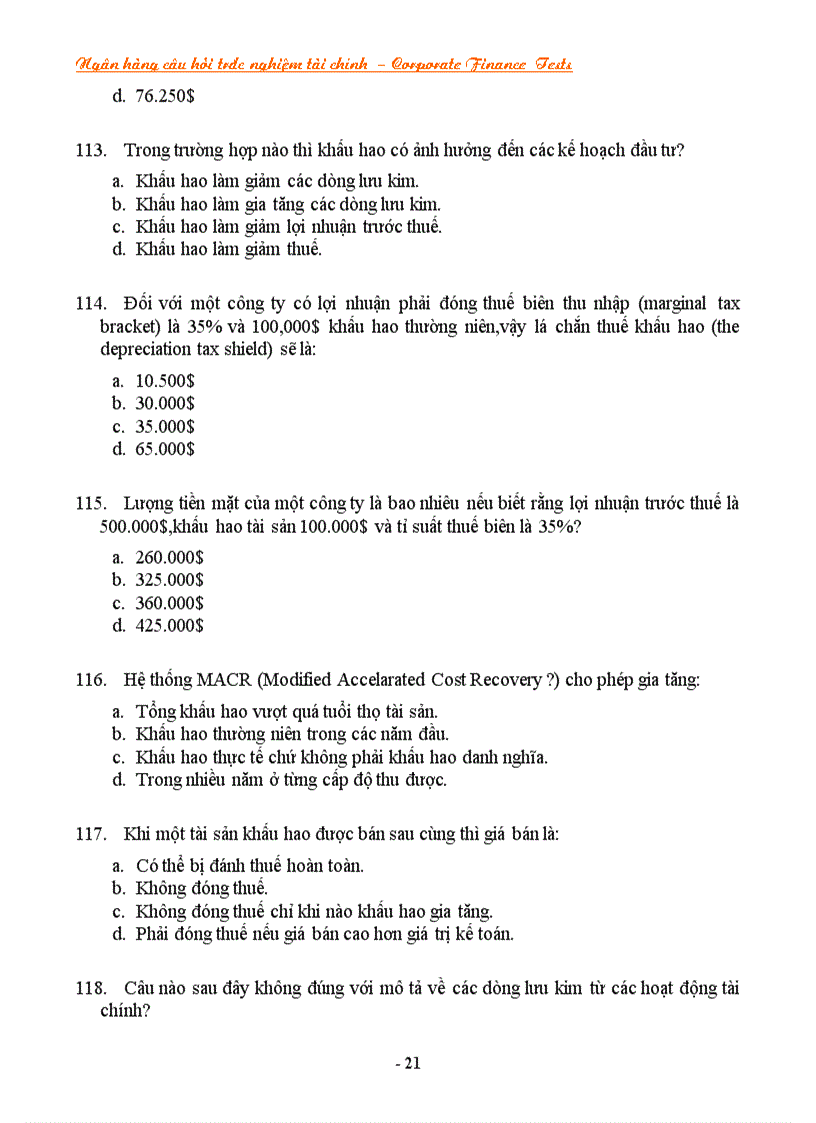 image for page NGÂN HÀNG CÂU HỎI TRẮC NGHIỆM VỀ TÀI CHÍNH Corporate Finance CF Tests