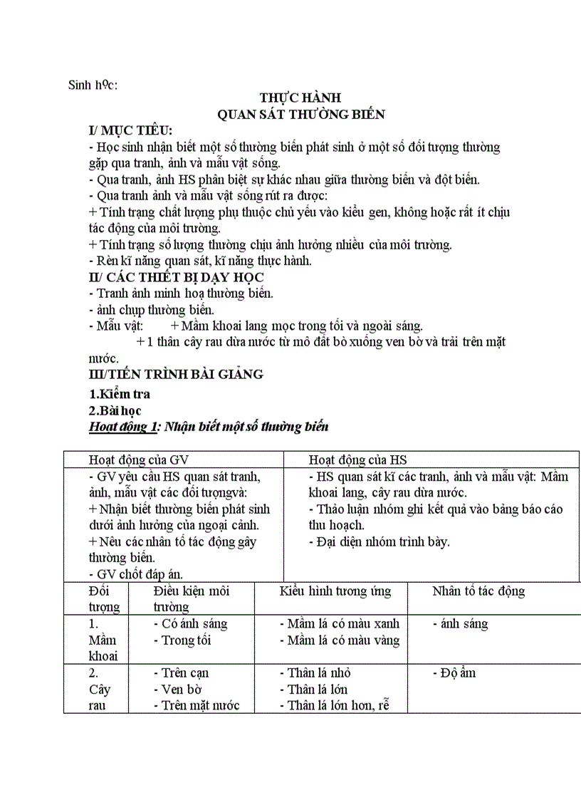 image for page Sinh học THỰC HÀNH QUAN SÁT THƯỜNG BIẾN