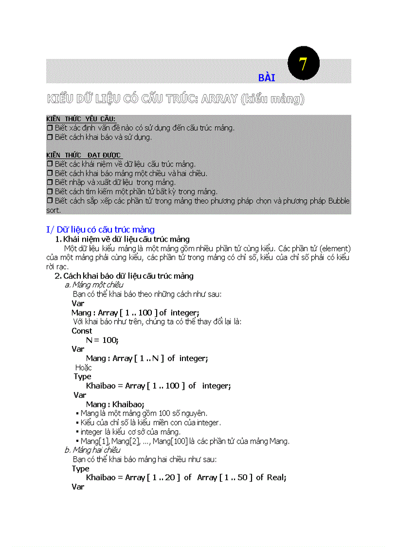 Tin học KIỂU DỮ LIỆU CÓ CẤU TRÚC ARRAY kiểu mảng