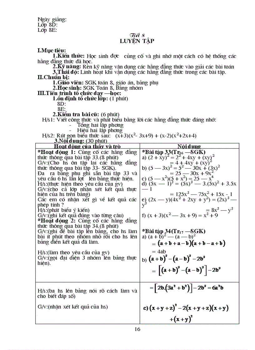 image for page Giáo án Đại số lớp 8 tiết 8