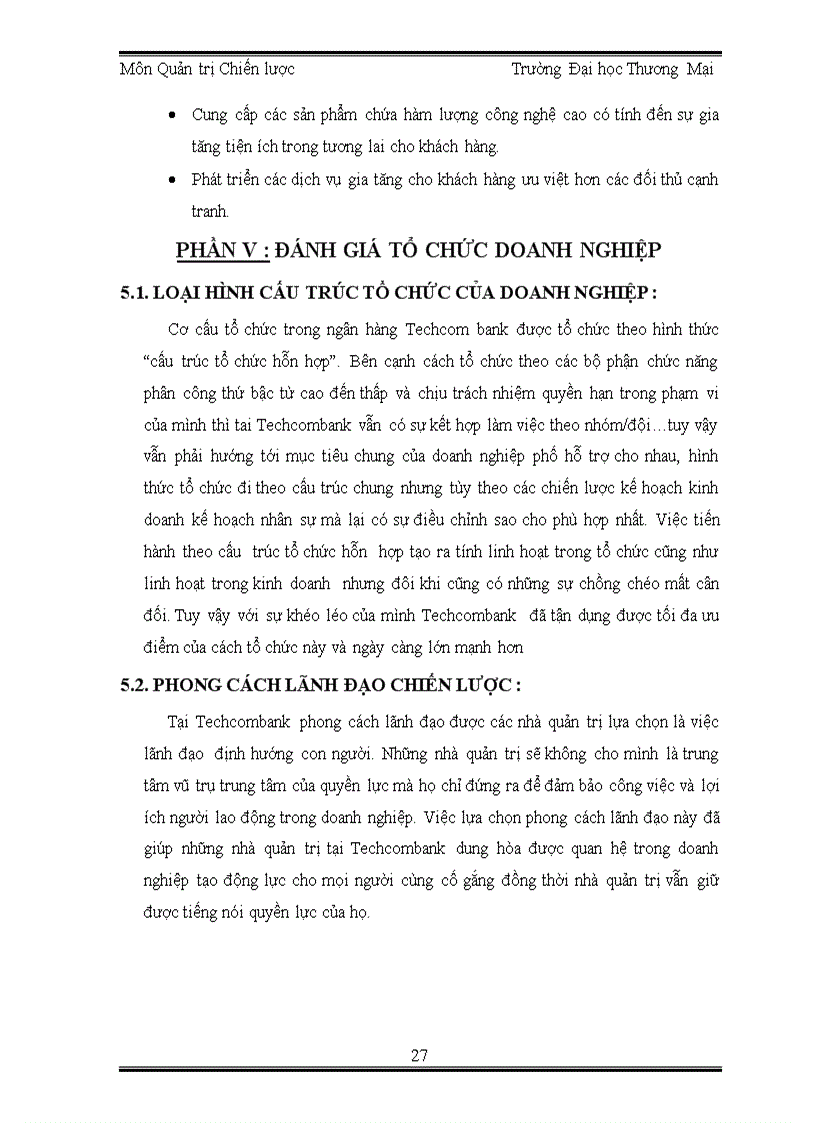 image for page Bài thảo luận Quản trị chiến lược PHIẾU PHÂN TÍCH CHIẾN LƯỢC CỦA NGÂN HÀNG TECHCOMBANK