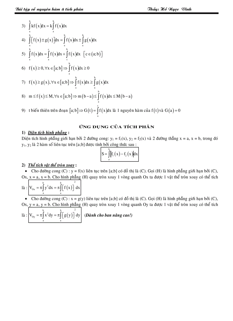 Bài tập nguyên hàm tích phân