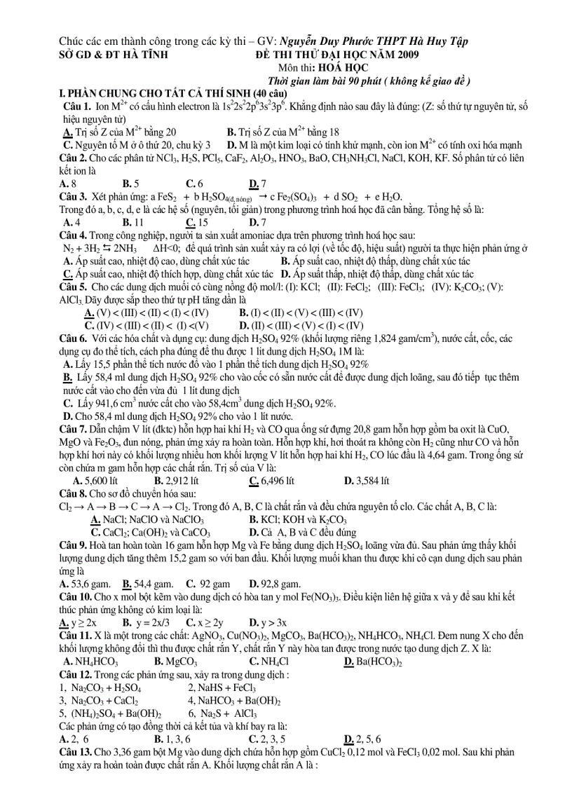 image for page ĐỀ THI THỬ ĐẠI HỌC NĂM 2009 Môn thi HOÁ HỌC