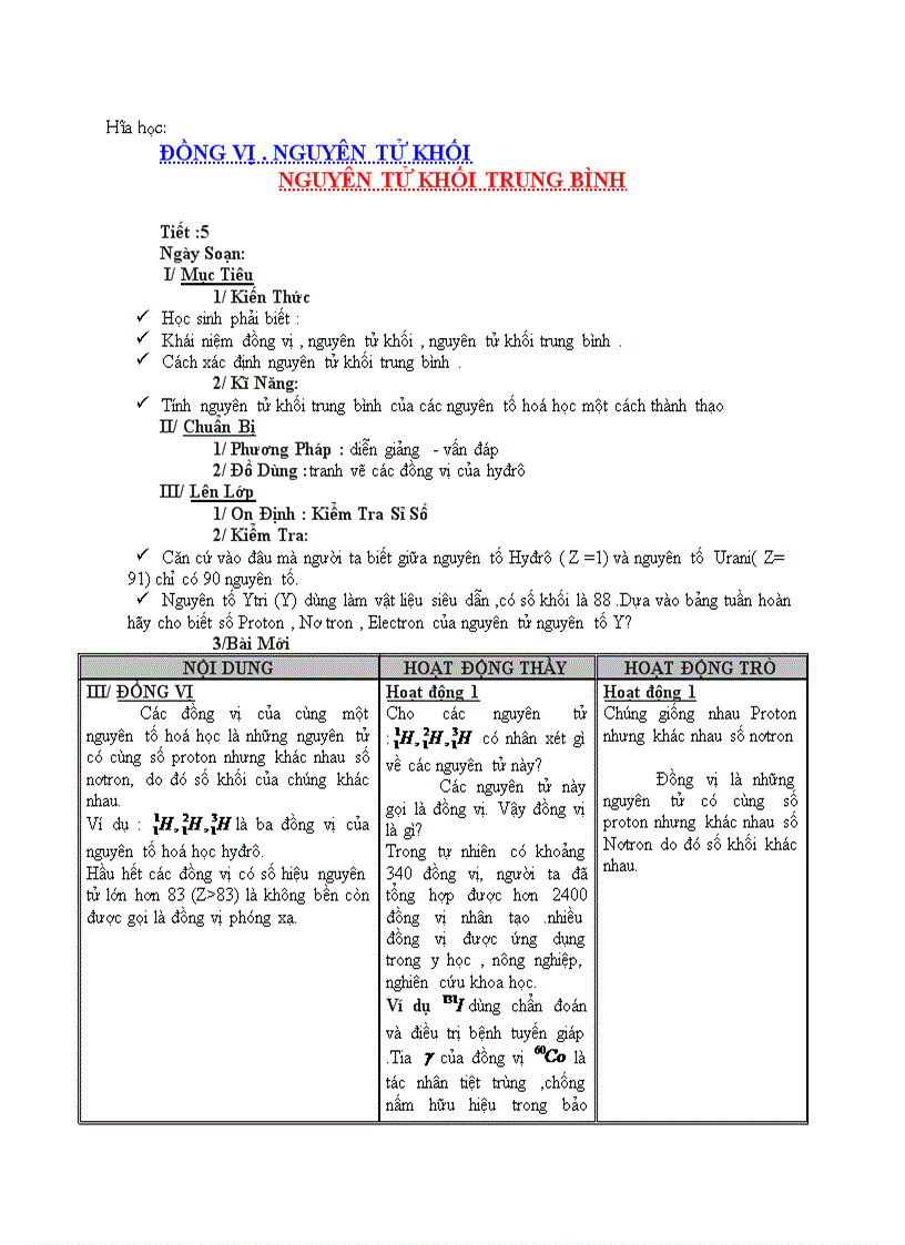 image for page Hóa học ĐỒNG VỊ NGUYÊN TỬ KHỐI NGUYÊN TỬ KHỐI TRUNG BÌNH