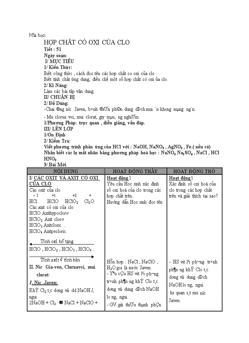 Hóa học HỢP CHẤT CÓ OXI CỦA CLO