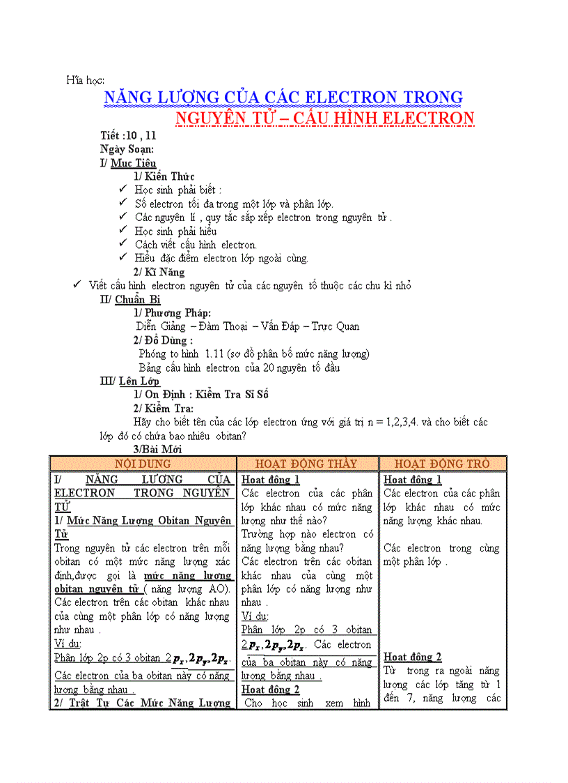 image for page Hóa học NĂNG LƯỢNG CỦA CÁC ELECTRON TRONG NGUYÊN TỬ CẤU HÌNH ELECTRON