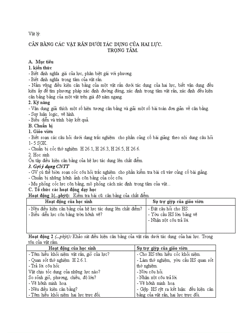 image for page Vật lý CÂN BẰNG CÁC VẬT RẮN DƯỚI TÁC DỤNG CỦA HAI LỰC TRỌNG TÂM