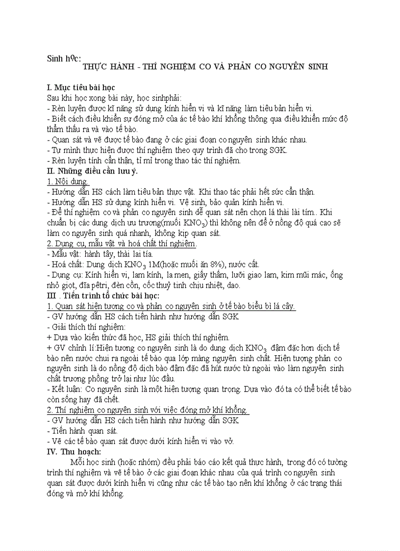 image for page Sinh học THỰC HÀNH THÍ NGHIỆM CO VÀ PHẢN CO NGUYÊN SINH