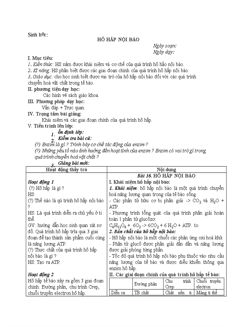 image for page Sinh học HÔ HẤP NỘI BÀO