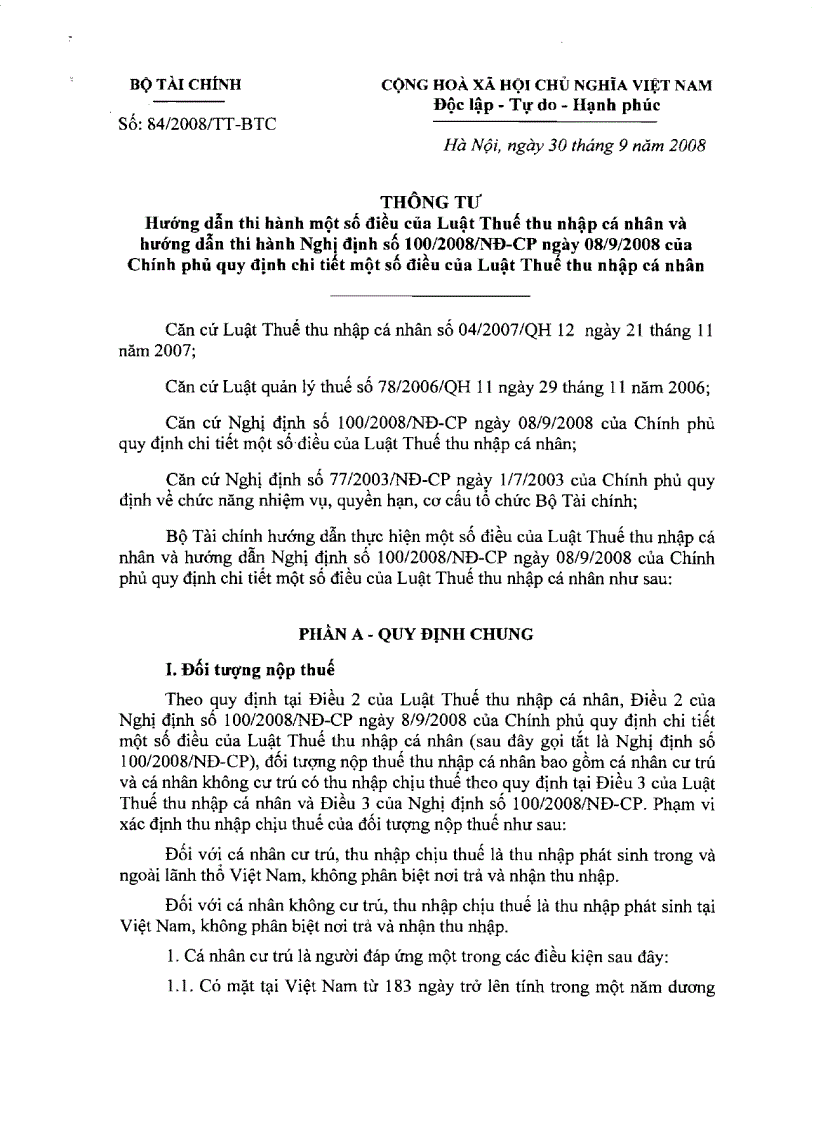 image for page Thông tư 84 2008 TT BTC ngày 30 9 2008 về việc hướng dẫn thi hành một số điều của Luật thuế TNCN và hướng dẫn thi hành nghị định 100 2008 NĐ CP Mới ban hành