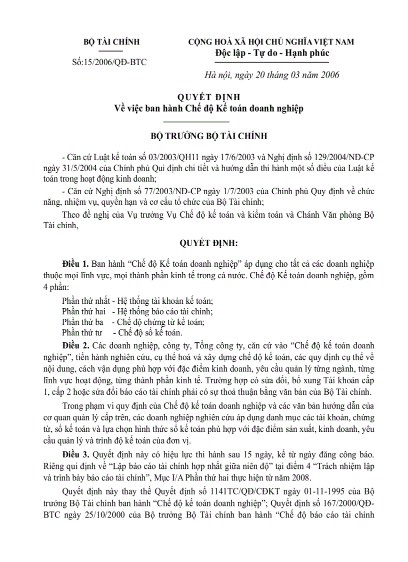 Quyết định Số 15 2006 QĐ BTC Về việc ban hành Chế độ Kế toán doanh nghiệp