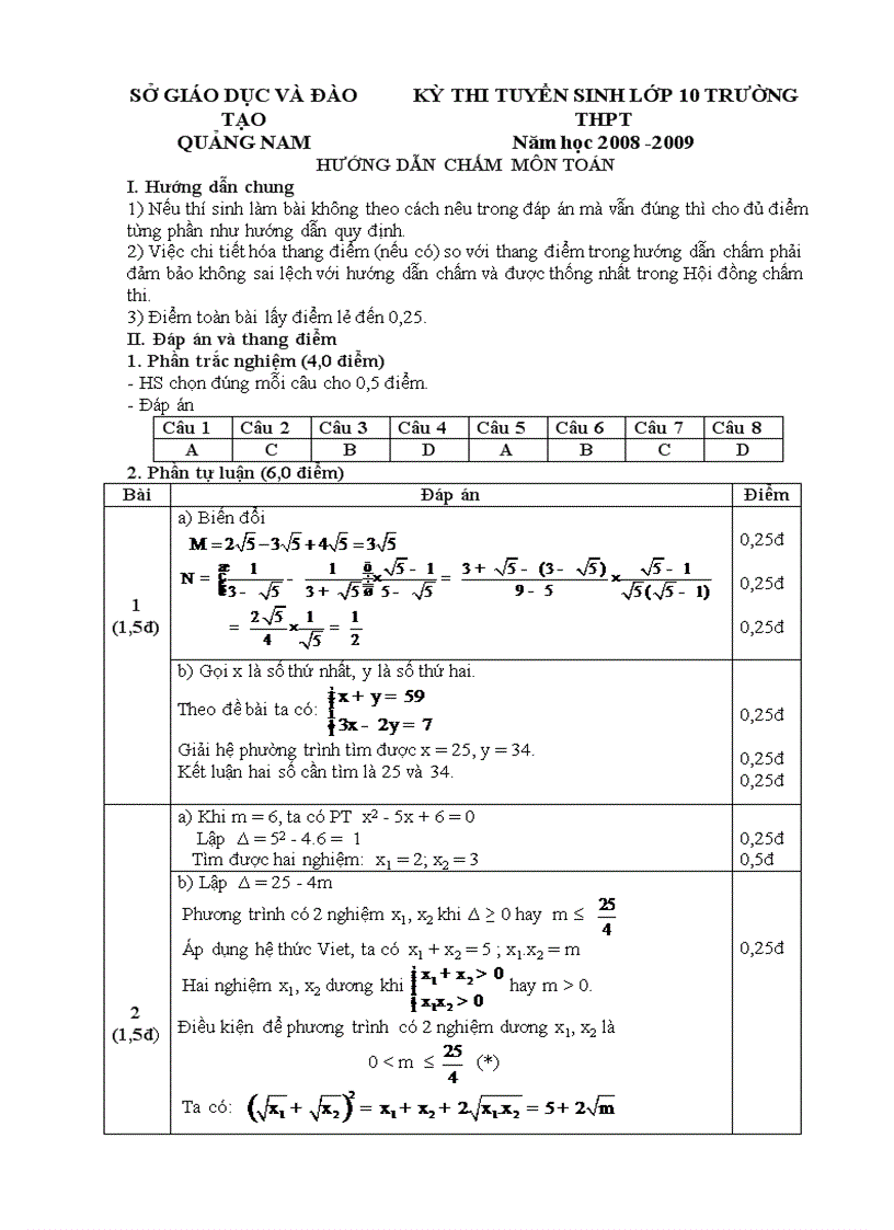image for page Đáp án môn Toán Thi Tuyển sinh vào lớp 10 trường THPT Sở GDĐT Quảng Nam 2008 2009