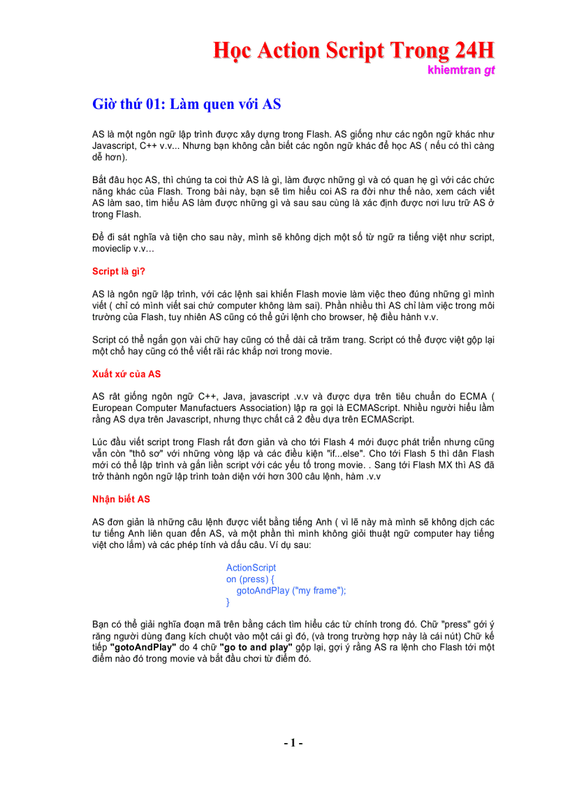 image for page Học Action Script Trong 24H