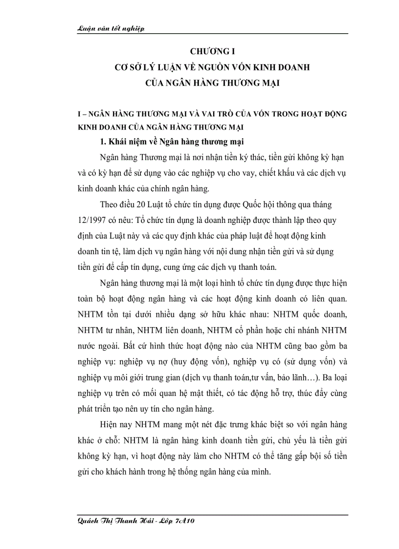 Báo cáo tốt nghiệp cơ sở lý luận về nguồn vốn kinh doanh của ngân hàng thương mại
