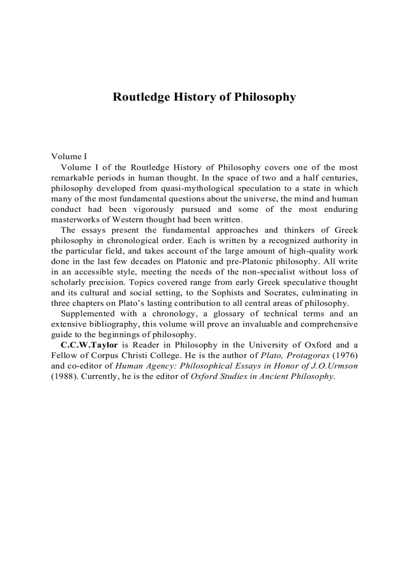 From the Beginning to Plato Routledge History of Philosophy Volume 1