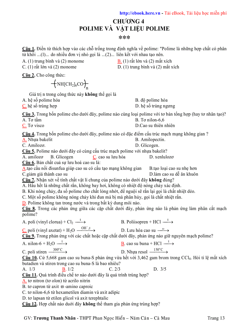 image for page Tài Liệu Ôn thi Tốt nghiệp HÓA HỌC 12 THPT Phan Ngọc Hiển