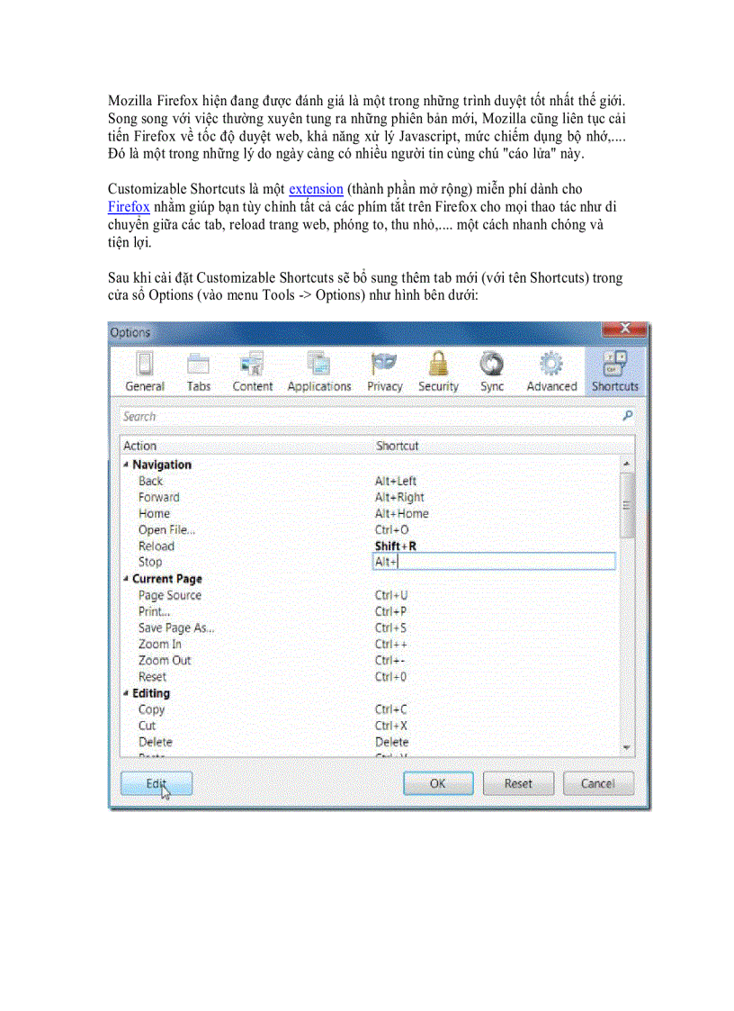 image for page Thay đổi phím tắt Firefox quá dễ với extension Customizable Shortcuts