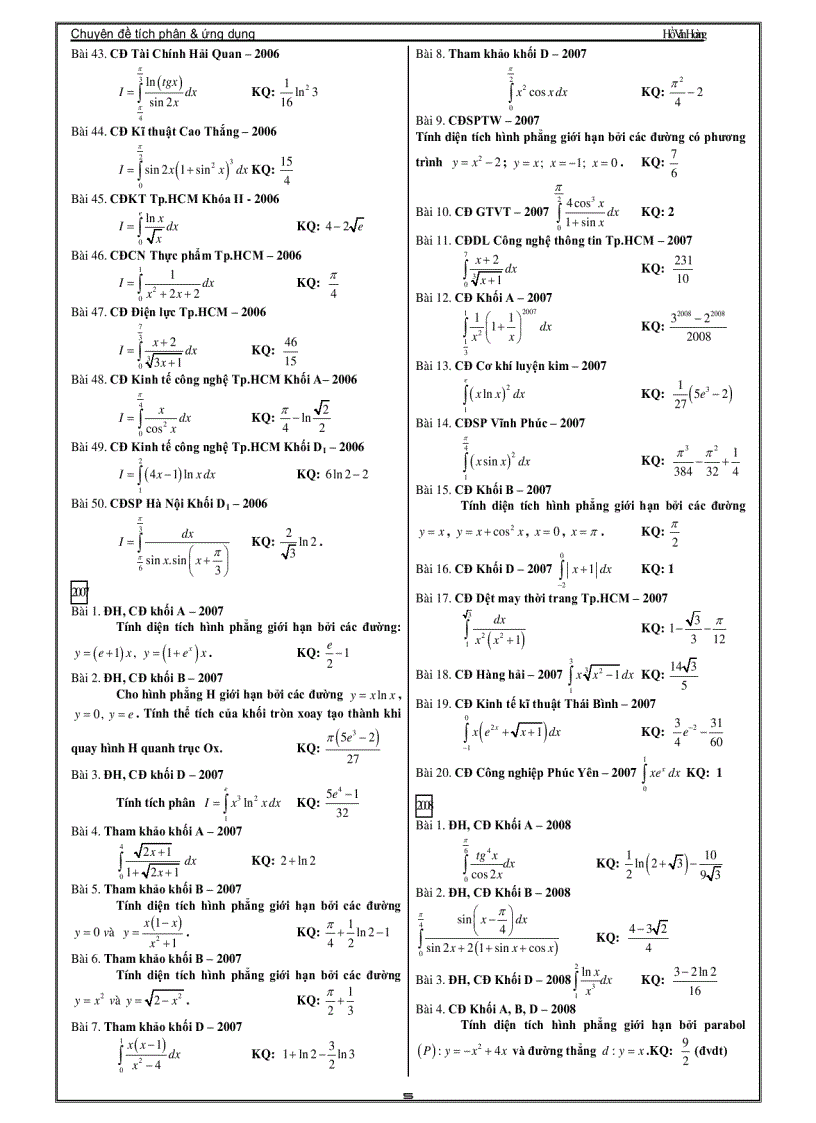Chuyên Đề Luyện Thi Đại Học Phần Tích Phân Thầy Hồ Văn Hoàng
