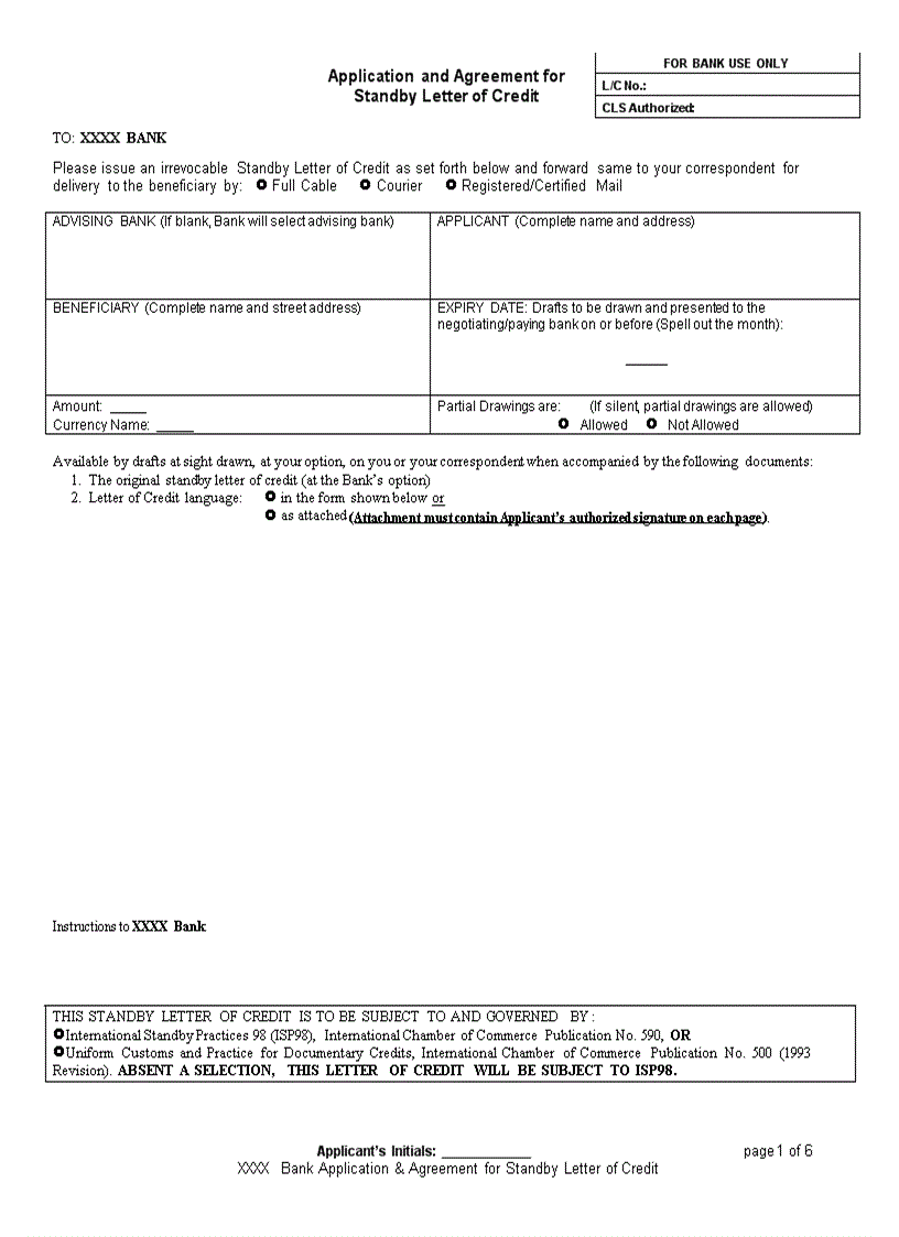 Application and Agreement for Standby Letter of Credit