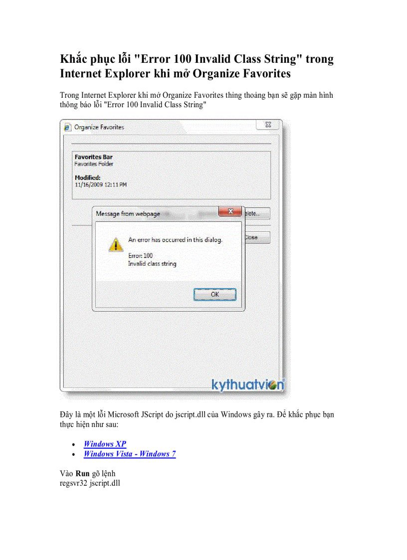 Khắc phục lỗi Error 100 Invalid Class String trong Internet Explorer khi mở Organize Favorites