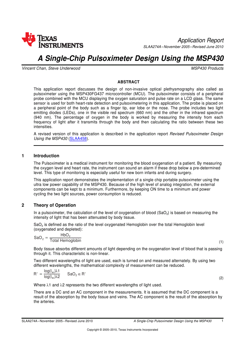 Single chip pulsoximeter diesgn using the msp430