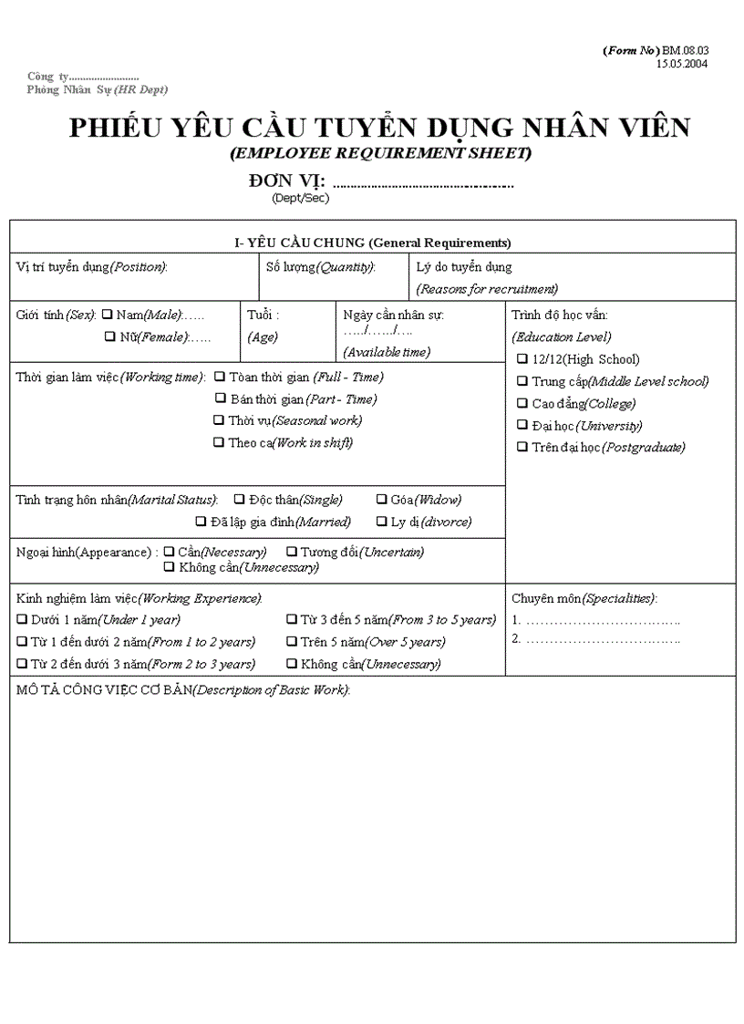 Mẫu phiếu yêu cầu tuyển dụng nhân viên employee requirement sheet