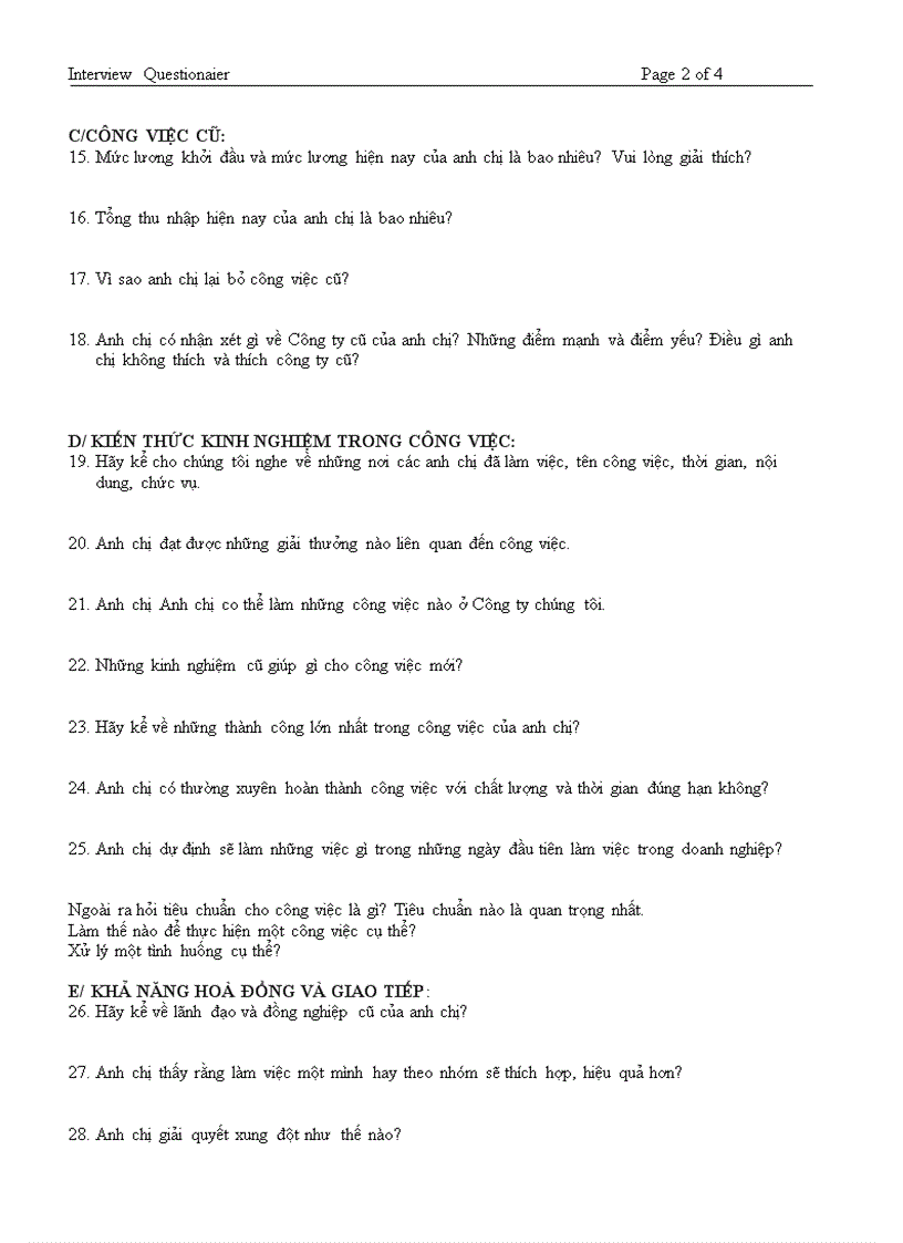 Mẫu bản câu hỏi phỏng vấn