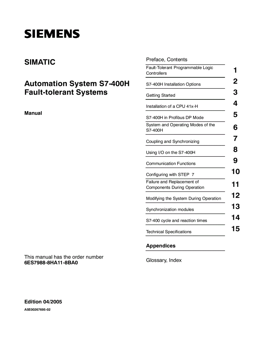 SIMATIC Automation System S7 400H Fault tolerant Systems Manual Preface Contents Fault Tolerant