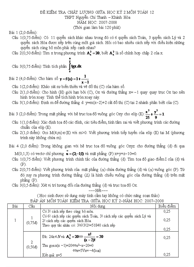 image for page Đề thi kiểm tra chất lượng môn Toán 12 THPT Nguyễn Chí Thanh Khánh Hòa 2007 2008