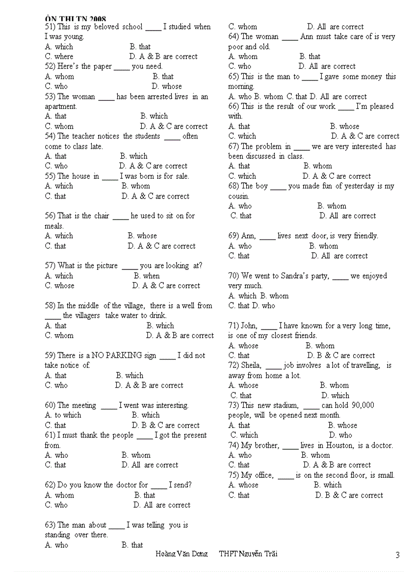 image for page Ôn thi tốt nghiệp môn Anh văn Đại từ quan hệ THPT Nguyễn Trãi Khánh Hòa 2008