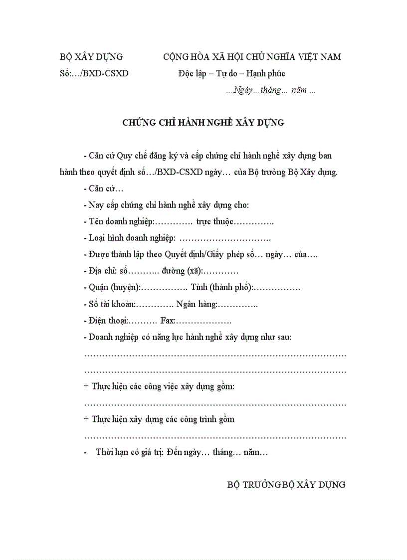 image for page Mẫu chứng chỉ hành nghề xây dựng