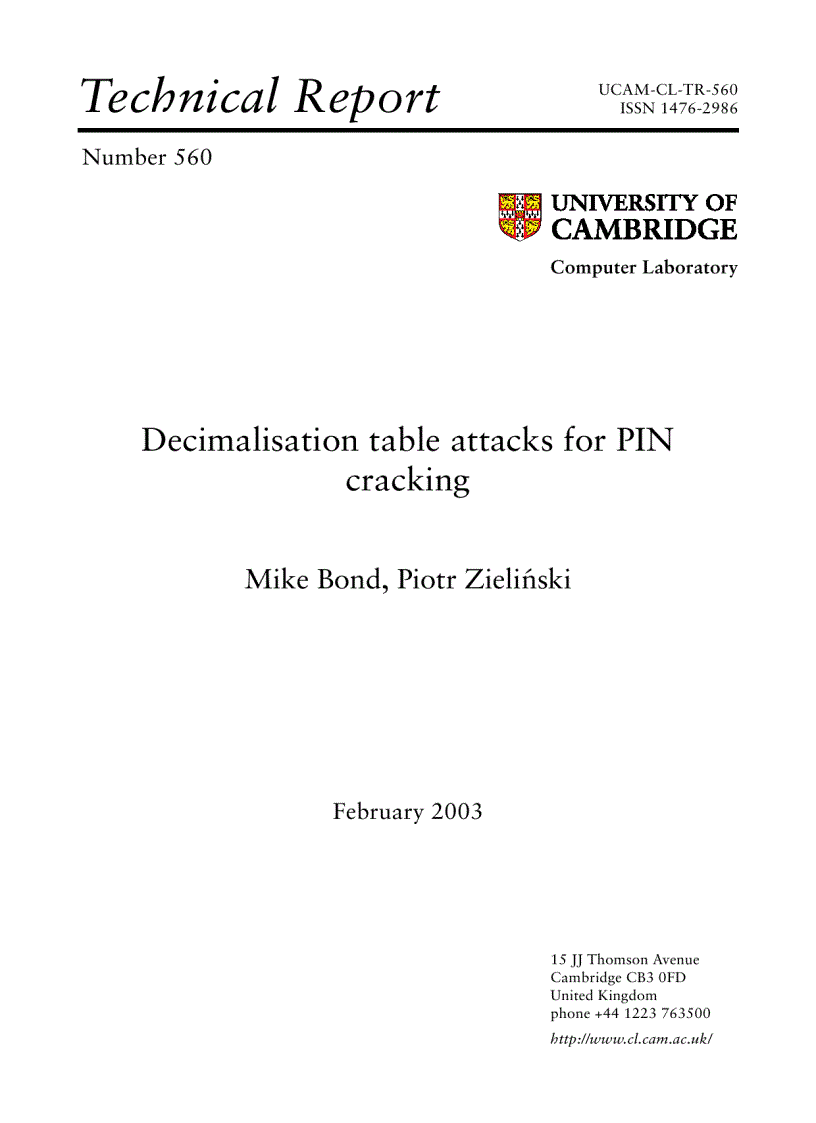 Decimalisation table attacks for PIN cracking