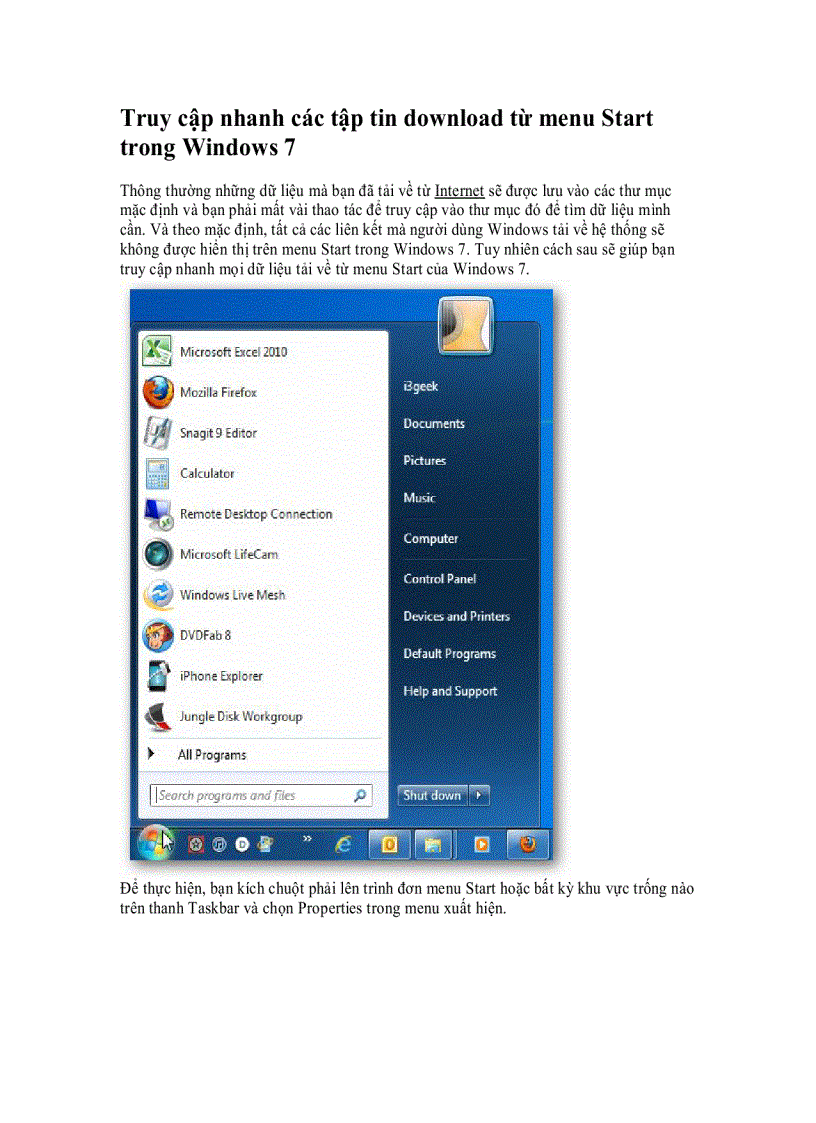 Truy cập nhanh các tập tin download từ menu Start trong Windows 7